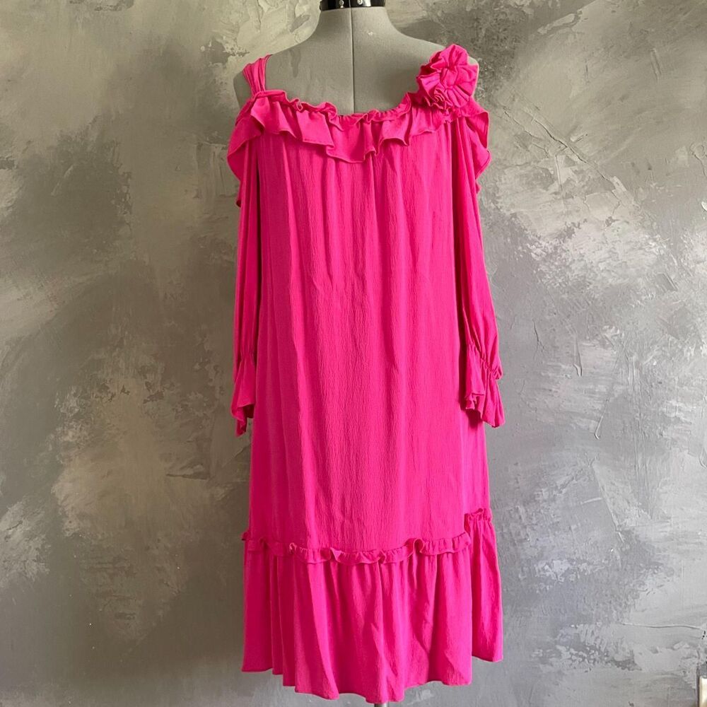 Designer Nanette Lepore Hot Pink Silk Ruffle Shift Dress Small